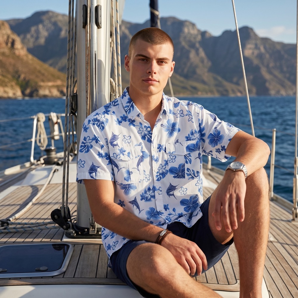 AFTCO Mens White Blue Marlin Hibiscus Floral Fishing Shirt Short Sleeve Size M
